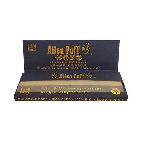 50 Alien Puff Black & Gold 1 1/4 Size Unbleached Brown Rolling Papers ( HP104 )